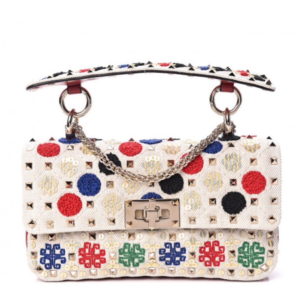 VALENTINO GARAVANI Canvas Sequin Embroidered Rockstud Spike Shoulder Bag, Beige